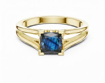 Princess Cut Labradorite Engagement Ring, Split Shan Statement Ring