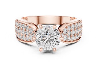 Round Cut Moissanite Ring, Pave Diamond Band