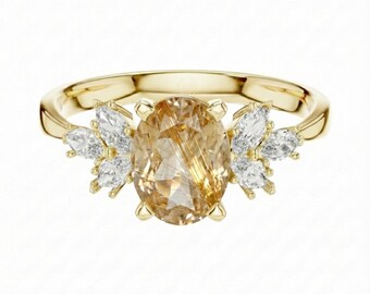 Golden Rutile Black Onyx Engagement Ring with Side Diamonds, Sterling Silver Ring, Oval Cut Ring