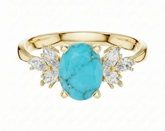 Turquoise Engagement Ring with Side Diamonds, Sterling Silver Ring, Oval Cut Ring
