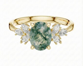 Moss Agate Engagement Ring with Side Diamonds, Sterling Silver Ring, Oval Cut Ring