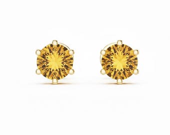 18k Gold Sterling Silver Gemstone Stud Earrings, Round Cut