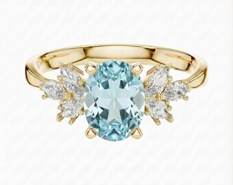 Aquamarine Engagement Ring with Side Diamonds, Sterling Silver Ring, Oval Cut Ring