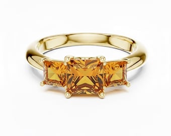 Princess Cut Citrine Ring, Three Stone 24K Gold Engagement Ring