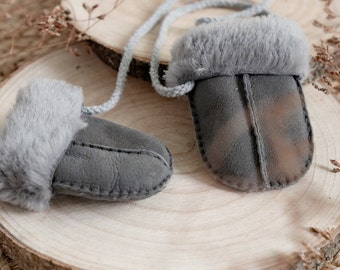 Sheepskin Baby Puddy Mittens on string | Grey, with a cotton gift bag