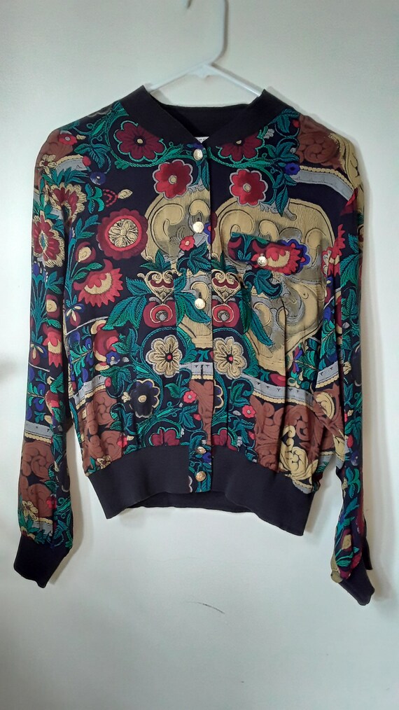 Vintage 80s Bright Sheer Floral Jacket Victorian S