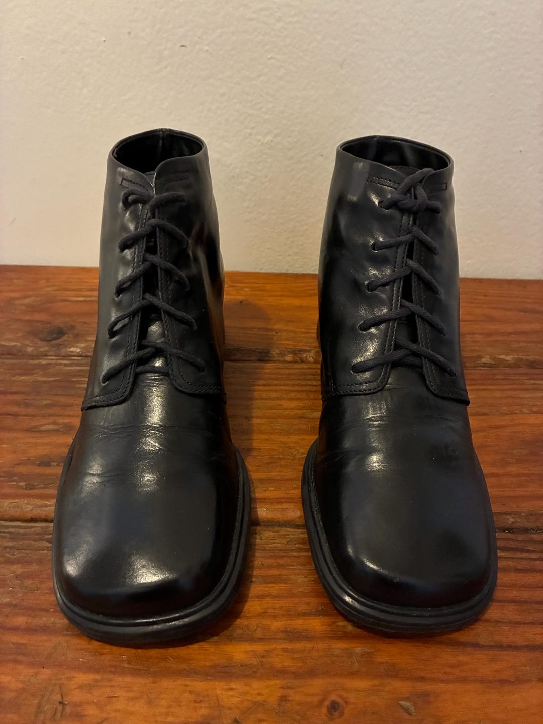 Block Heel Leather Boots / Chunky 90s Square Toe Lace up / Size 7.5M - Etsy