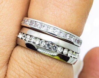 Moissanite Ring Set of 2, Moissanite Band Set of 2, Moissanite Ring set, Moissanite Wedding Ring Set of 2,Wedding band, Mens Moissanite Ring