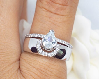 Moissanit Ring Set, Moissanit Ehering Set, Gold Ring Set, Art Deco Ring Set, Pear Moissanite, Brautring Set