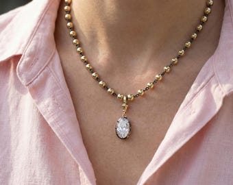 2.5ct Oval Moissanite Necklace: Georgian Cut Down, Blackened Gold Ball Chain
