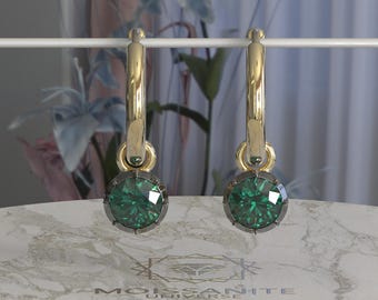 Round Green Emerald Moissanite button back Georgian cut down Gypset huggie, removable hoops, statement earring, blackened gold earrings.