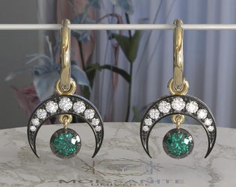 Half moon Green Emerald Moissanite button back Georgian cut down Huggie,2 in 1 statement earring, blackened gold earrings.