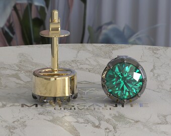 Round Green Emerald Moissanite button back Georgian cut down studs, statement earring, blackened gold earrings, studs earrings for women
