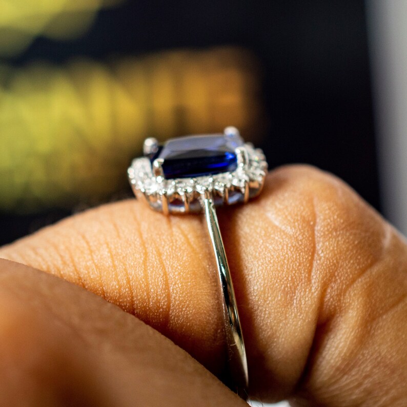 Art Deco Ring 14K Solid Gold Wedding Ring Halo Style Blue Sapphire Emerald Cut Engagement Ring with 0.20ct of Natural Diamonds on Side