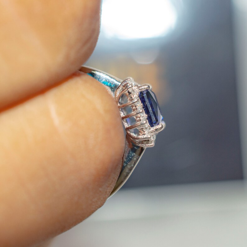 Art Deco Ring 14K Solid Gold Wedding Ring Halo Style Blue Sapphire Emerald Cut Engagement Ring with 0.20ct of Natural Diamonds on Side