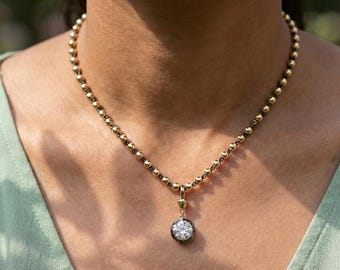 3.5ct  Georgian Style Cut Down Button Back Round Moissanite Necklace, Edwardian Ball n Chain Necklace with Blackened Gold Links
