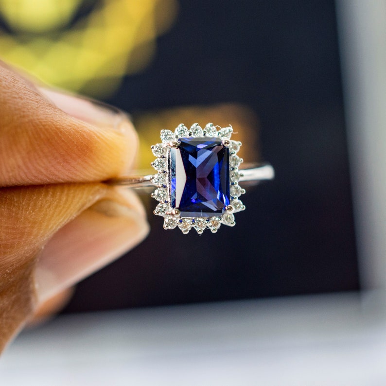Art Deco Ring 14K Solid Gold Wedding Ring Halo Style Blue Sapphire Emerald Cut Engagement Ring with 0.20ct of Natural Diamonds on Side