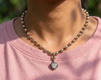2.0ct Heart Cut Moissanite Necklace: Georgian Blackened Gold Ball n Chain