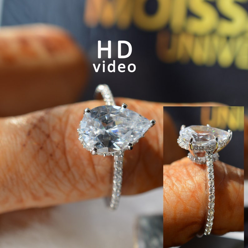 14K Gold Wedding Ring Promise Ring Art Deco Ring 3.57ct Pear Cut Forever Moissanite Engagement Ring with 0.42ct Natural Diamonds on Side