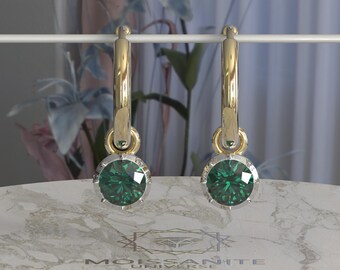 Round Green Emerald Moissanite button back Georgian cut down Gypset huggie, removable hoops, statement earring, blackened gold earrings.