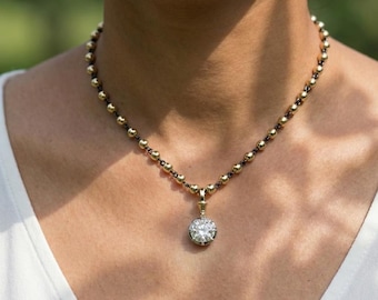 3.5ct  Georgian Style Cut Down Button Back Round Moissanite Necklace, Edwardian Ball n Chain Necklace with Blackened Gold Links