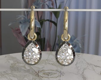 2.0ct Pear Moissanite Hoop Earrings: Blackened Gold Gypset Style