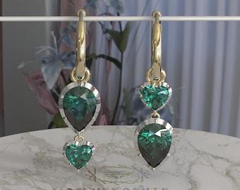 Georgian Cut Down Button Back Setting Pear Green Emerald  with Heart Shape Green Emerald Hoop Earrings, White Bezel Earrings, Asymmetrical