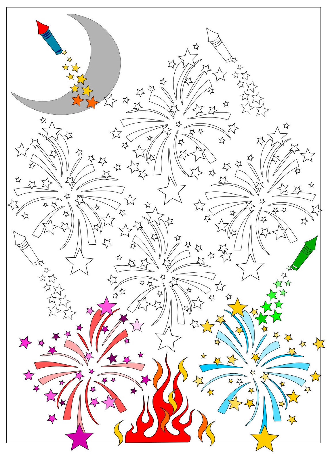 A4 Colouring Book Page Of Fireworks Bonfire Night For Adults Etsy