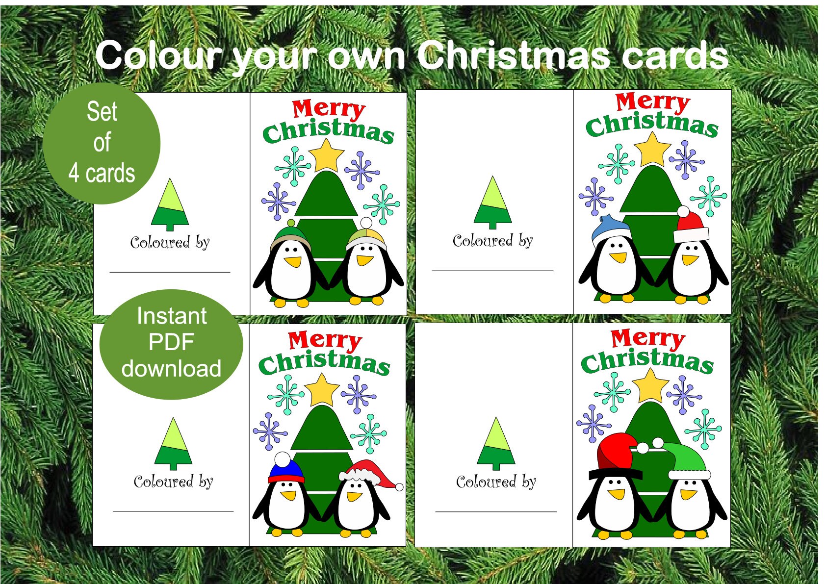 4 printable Christmas greetings cards for children to colour. | Etsy