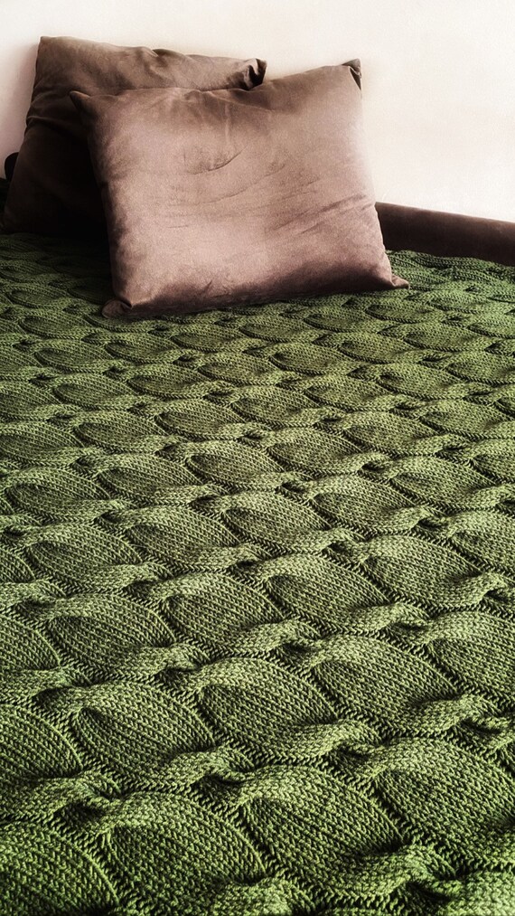 Chunky knit olive green throw blanket wool knit bedspread Etsy