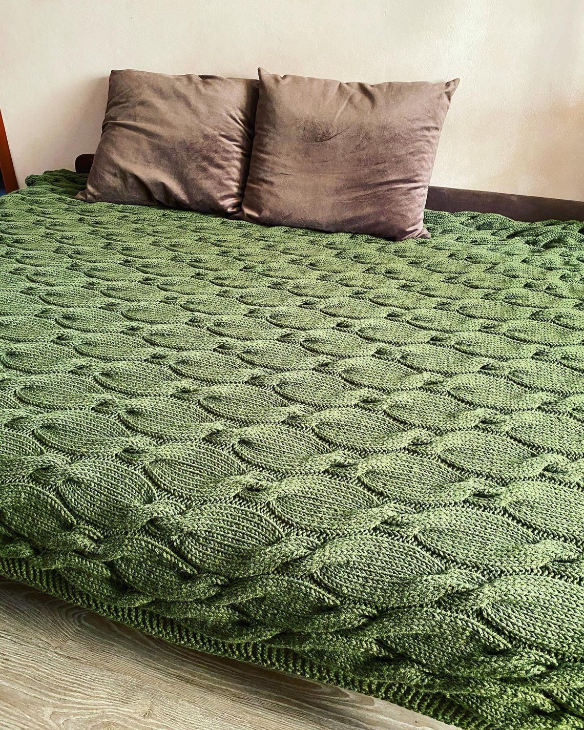 Chunky knit olive green throw blanket wool knit bedspread Etsy