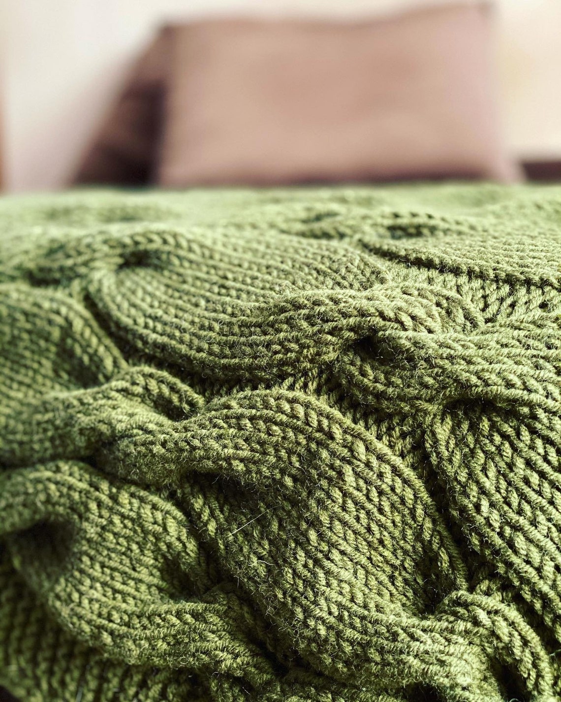 Chunky knit olive green throw blanket wool knit bedspread Etsy