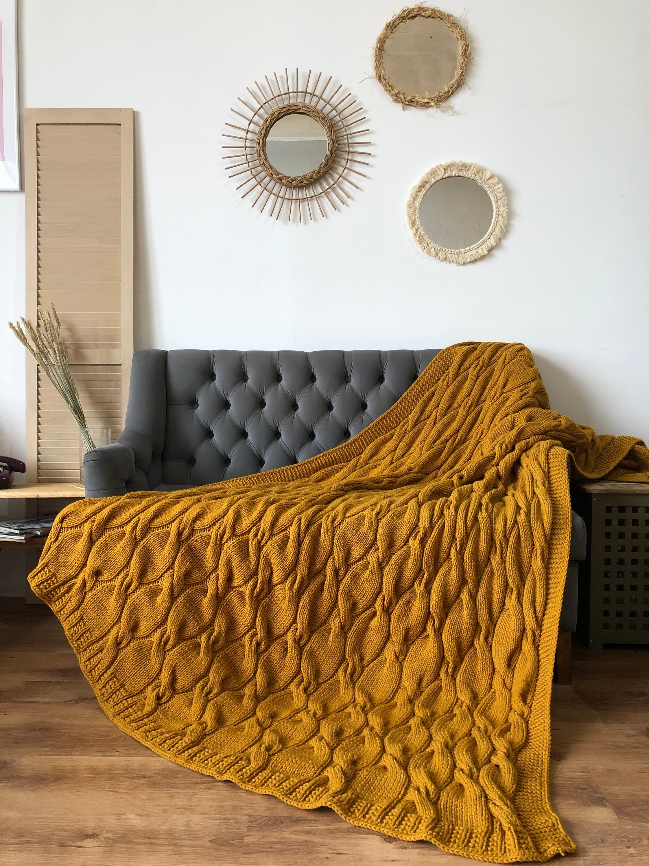 Chunky knit mustard color throw blanket knit bedspread Etsy