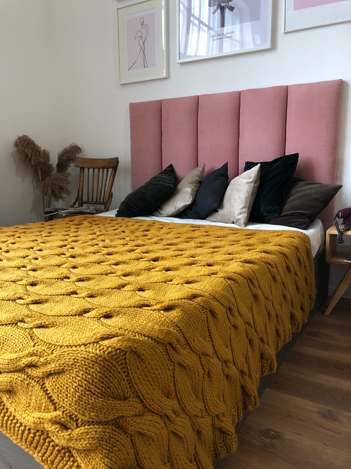 Chunky knit mustard color throw blanket knit bedspread Etsy