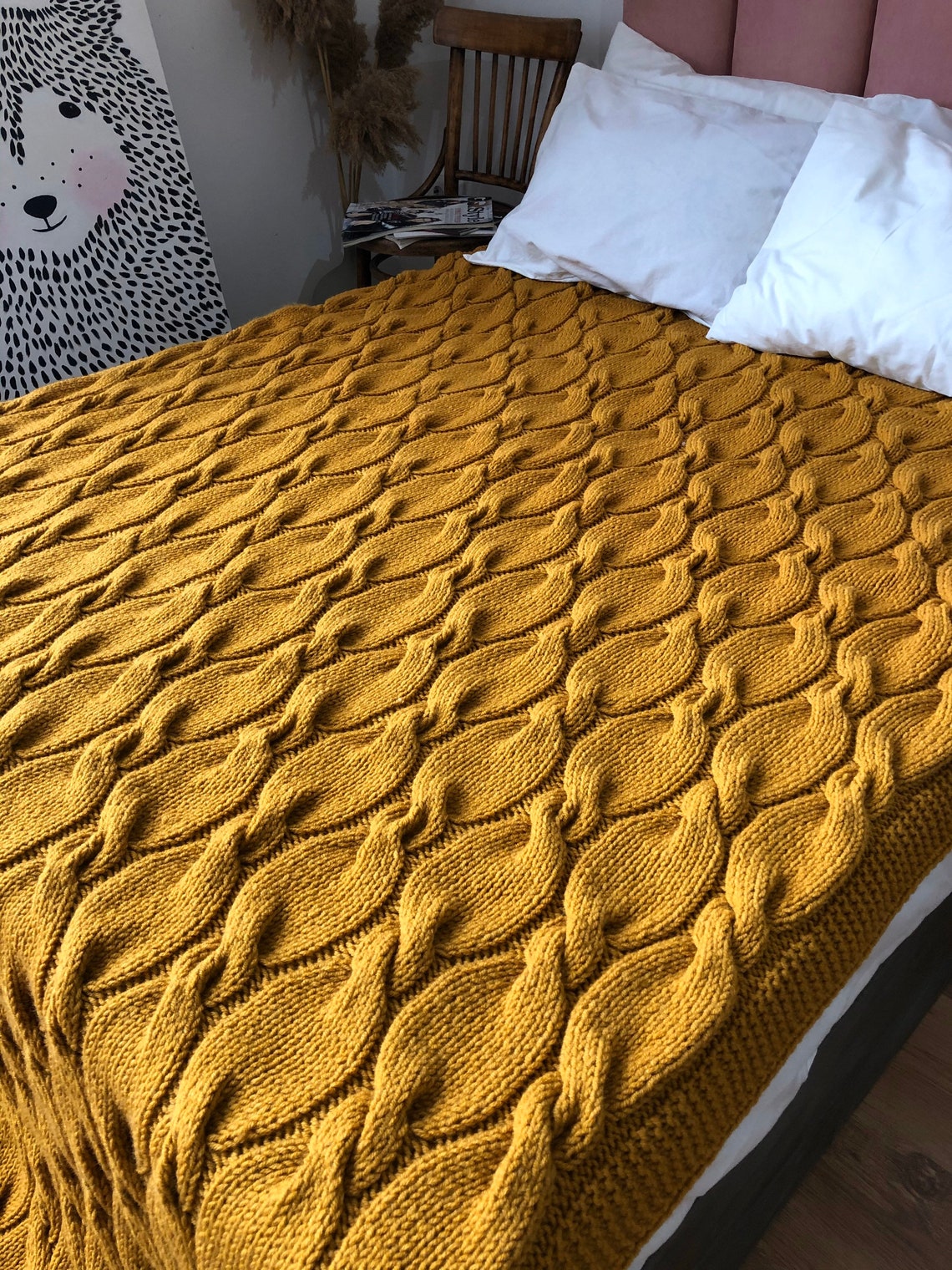 Chunky knit mustard color throw blanket knit bedspread Etsy