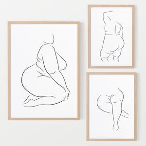Curvy Woman Line Art Set Of 3, Body Positive Wall Art Set Of Three, Plus Size Woman Poster, Thick Woman Printable Wall Art