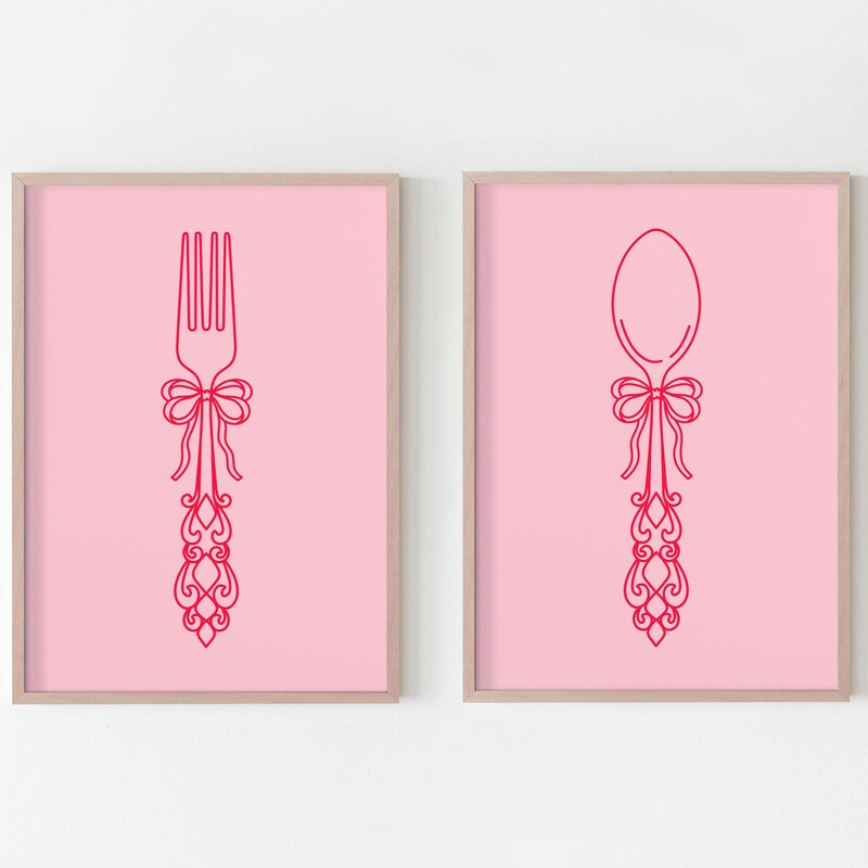 set of 8 kitchen prints, coffee print set, fork spoon... Cute Fork and Spoon Set - Etsy
