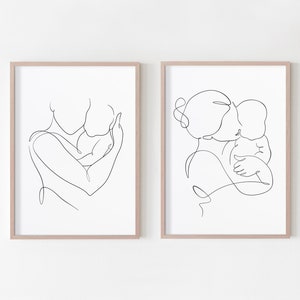 Mom And Baby Line Art Set Of 2, Mother And Child Wall Art Set Of Two, Motherhood Art, Newborn Line Drawing, Minimal Wall Decor For Nursery