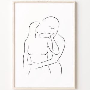 Arte mural de pareja besándose, arte lineal de besos, póster abstracto de amor, impresión romántica minimalista, obra de hombre y mujer