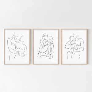 Paar Wandkunst 3er Set, Kuss Linie Kunst Dreierset, romantische Drucke für Schlafzimmer, abstraktes Liebesplakat, umarmendes Paar Kunstwerk