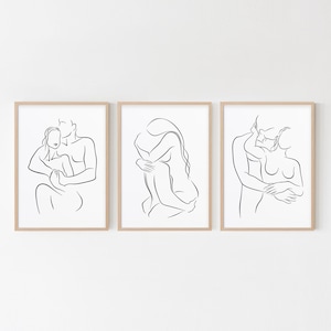Küssendes Paar Wandkunst 3er-Set, Kiss Line Art Set mit drei Drucken, Abstrakter Mann und Frau Poster, nacktes Paar Druck, Romantisches Kunstwerk