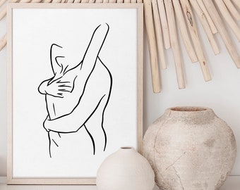 Couple Line Art Print, Hug Line Drawing, Abstract Romantic Bedroom Wall Art, Minimalist Love Poster, Man And Woman Print