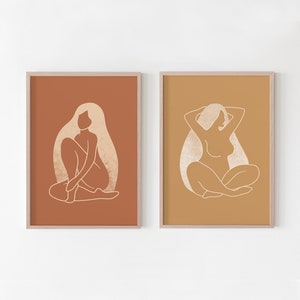 Body Positive Print Set Of 2, Curvy Woman Art, Thick Girl Wall Art, Boho Woman Sitting Line Drawing, Female Silhouette Art, Naked Figure Art
