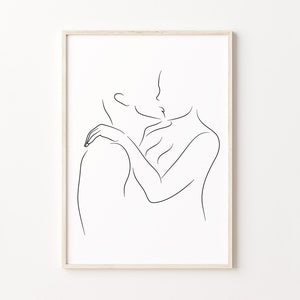 Paar Kuss Print, Küssen Line Art, Abstraktes Liebesplakat, Minimalistische Mann und Frau Wandkunst, Umarmendes Paar Kunstwerk, Romantische Schlafzimmer Kunst