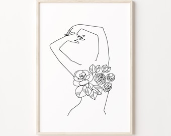 Flower Woman Line Art, Floral Body Print, Feminine Wall Art, Minimalist Female Art, Minimal Woman Poster, Abstract Woman Line Drawing