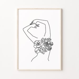 Flower Woman Line Art, Floral Body Print, Feminine Wall Art, Minimalist Female Art, Minimal Woman Poster, Abstract Woman Line Drawing
