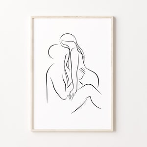 Kissing Couple Line Art Print, Kiss Line Drawing, Abstract Love Wall Art, Minimalist Man And Woman Poster, Hugging Lovers Printable Artwork