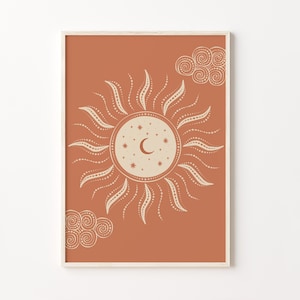 Boho Sun Print, Minimalist Celestial Art, Burnt Orange Poster, Terracotta Artwork, Bohemian Printable Wall Art