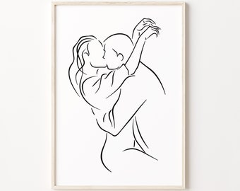 Couple Kiss Line Art Print, Hugging Man And Woman Wall Art, Minimal Romantic Poster, Abstract Love Drawing