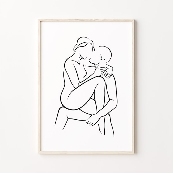 Couple Line Art Print, Hugging Line Drawing, Abstract Love Wall Art, Minimalist Kiss Poster, Man And Woman Artwork, Couple Kissing Print